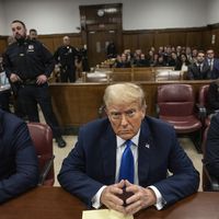Former President Donald Trump sits in court on the first day of opening arguments in his criminal trial in Manhattan, New York, on Monday, April 22, 2024. (Victor J. Blue/The Washington Post via AP, Pool)