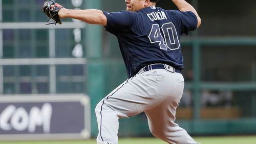 Atlanta Braves starting pitcher Bartolo Colon throws against the Houston Astros during the first inning of a baseball game, Tuesday, May 9, 2017, in Houston. (AP Photo/David J. Phillip)