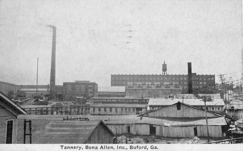 This postcard dated 1936 shows the Bona Allen Tannery in Buford. (Credit: Gwinnett Historical Society)