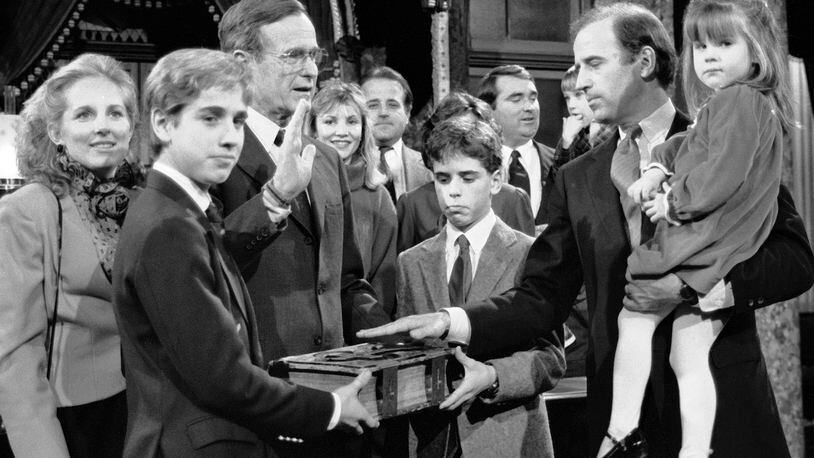 On Jan. 3, 1985, then-Sen. Joe Biden took a reenacted oath of office from Vice President George Bush during a ceremony in Washington. Biden will take the presidential oath of office on Jan. 20 on the same Bible.