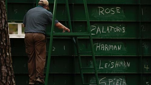 An attendant adjusts the scores of golfers from behind a leaderboard during the third round of the Masters golf tournament on Saturday, April 10, 2021, in Augusta, Ga. (AP Photo/Gregory Bull)