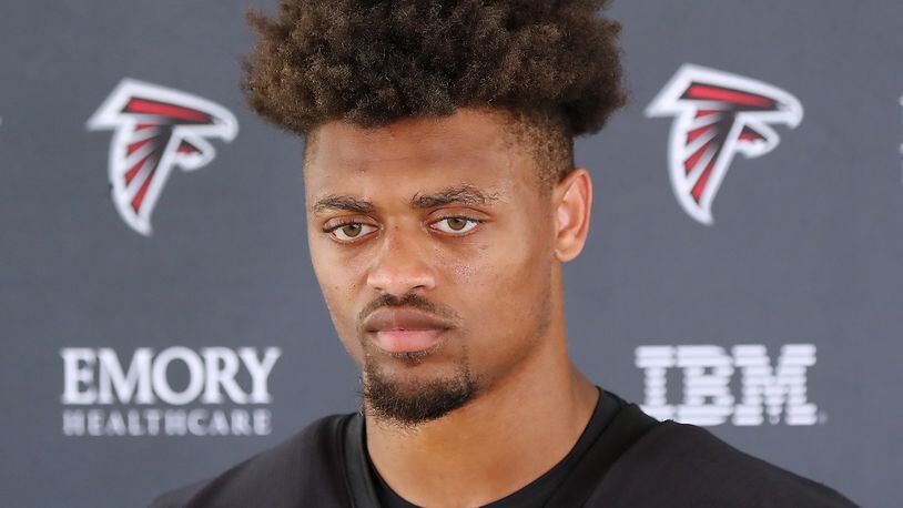 Falcons cornerback A.J. Terrell discusses his off season progress during interviews after the fourth day of training camp practice  Sunday, Aug. 1, 2021, in Flowery Branch. (Curtis Compton / Curtis.Compton@ajc.com)