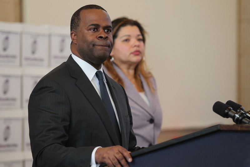 Former Atlanta Mayor Kasim Reed stands at the podium during a February 2017 press conference, at which the city released 1.4 million documents pertaining to the federal bribery investigation at City Hall. The AJC and Channel 2 Action News found that the Reed administration did not release a subpoena that would have revealed the the investigation reached into the airport and Watershed department. HENRY TAYLOR / HENRY.TAYLOR@AJC.COM