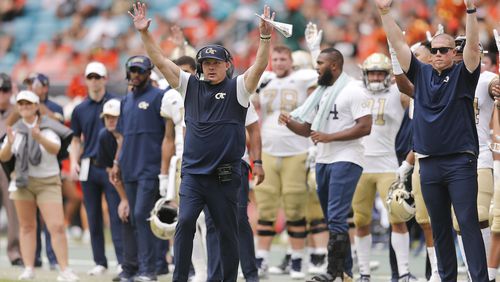 MIAMI, FLORIDA - OCTOBER 19:  Head coach Geoff Collins of the Georgia Tech Yellow Jackets reacts after a field goal against the Miami Hurricanes during overtime at Hard Rock Stadium on October 19, 2019 in Miami, Florida. (Photo by Michael Reaves/Getty Images)