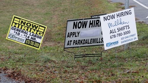 Employment signs clustered around an intersection near the soon to be closed Mount Vernon Mills in Alto, a town of about 1,500. Manufacturing jobs are changing as the economy evolves, driven by automation and a need for more higher skilled workers. Bob Andres / bandres@ajc.com