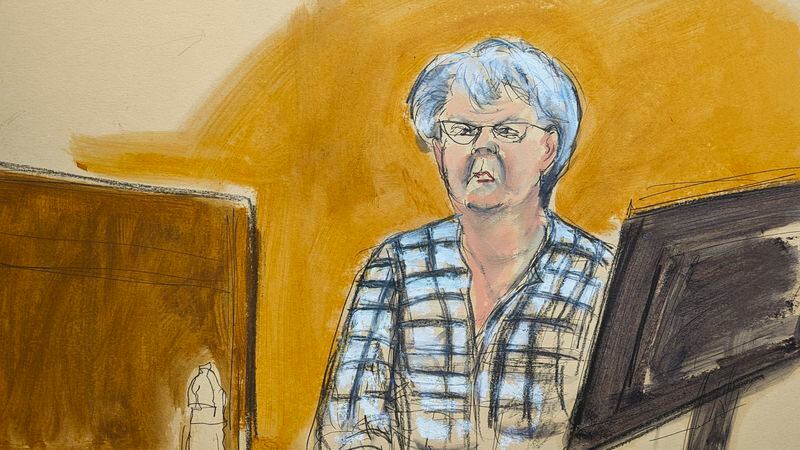 In this courtroom sketch, former Trump organization employee Deborah Tarasoff testifies on the witness stand in Manhattan criminal court about writing checks to Michael Cohen, Monday, May 6, 2024, in New York. (Elizabeth Williams via AP)