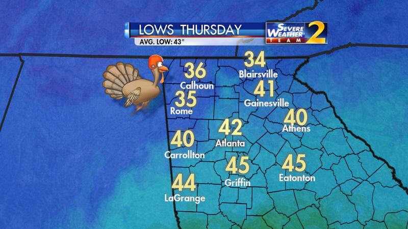 Atlanta’s low is expected to be 42 degrees on Thanksgiving Day. (Credit: Channel 2 Action News)