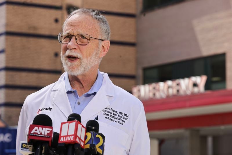 Grady Hospital Chief Medical Officer Robert Jansen makes a statement about the status of the victims of Wednesday’s Midtown shooting on Thursday, May 4, 2023.  (Natrice Miller/natrice.miller@ajc.com)