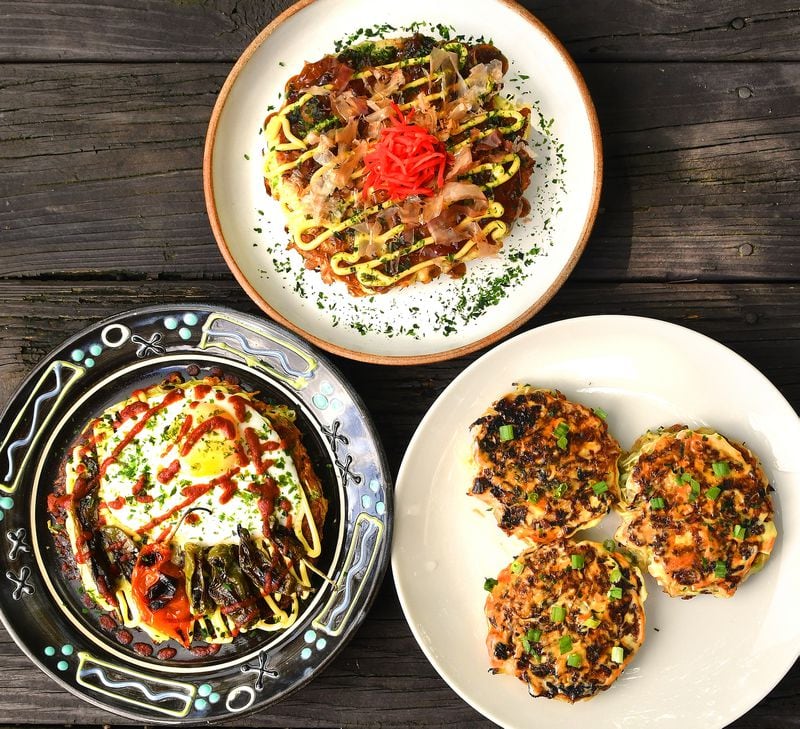 If you'd like to make okonomiyaki, the classic Japanese cabbage pancake, at home, here are three versions to try: Classic Okonomiyaki with Pork Belly (top) with Vegetarian Okonomiyaki (bottom left) and Okonomiyaki with Shrimp (bottom right). Food styling by Wendell Brock / Chris Hunt/For The AJC