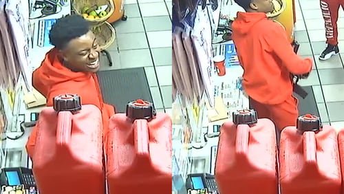 Atlanta police are trying to identify the man shown in these stills of gas station surveillance footage. He is suspected of shooting a woman Nov. 10.