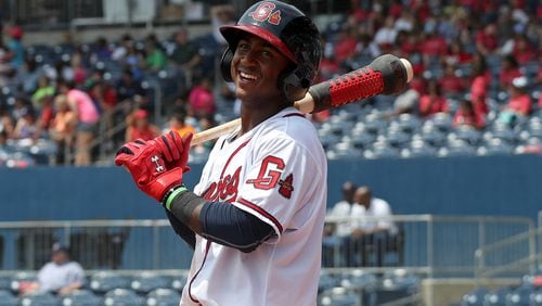 Gwinnett Braves second baseman Ozzie Albies, here before an at bat before a game against the Toledo Mud Hens, has been called up by the Braves. (Photo by Jason Getz)