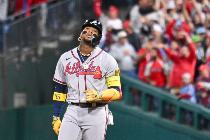 Atlanta Braves’ Ronald Acuna Jr. reacts after a fly out to the Philadelphia Phillies during the seventh inning of NLDS Game 4 at Citizens Bank Park in Philadelphia on Thursday, Oct. 12, 2023.   (Hyosub Shin / Hyosub.Shin@ajc.com)
