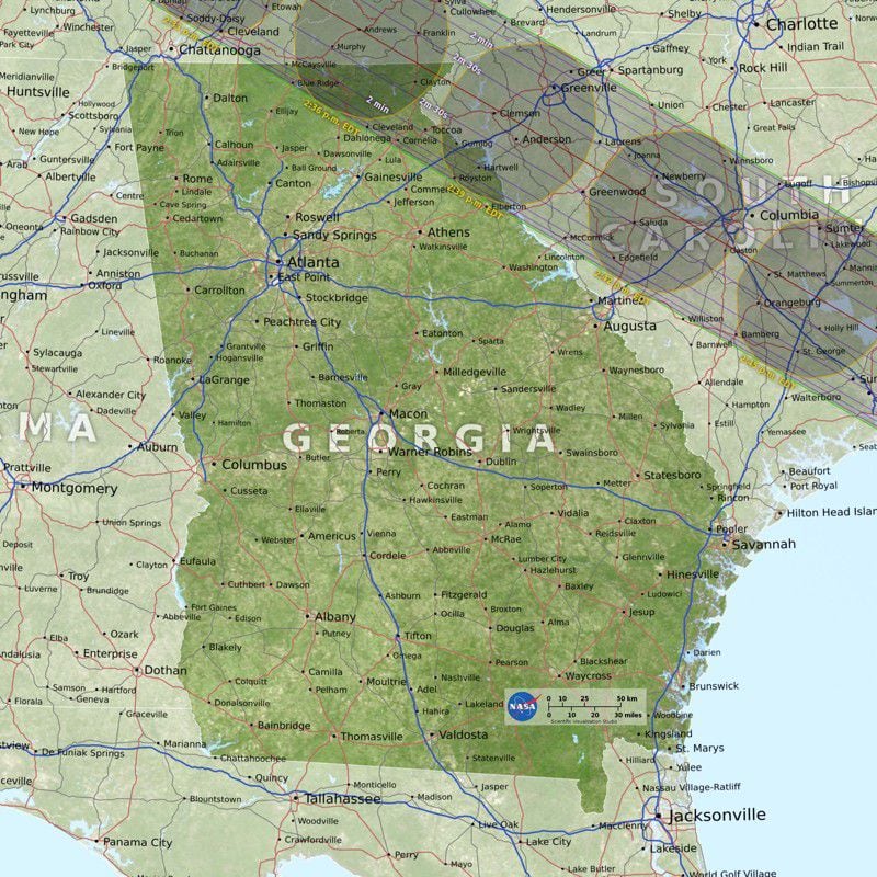The detailed map below from NASA identifies the eclipse’s exact path of totality through Georgia on Aug. 21.