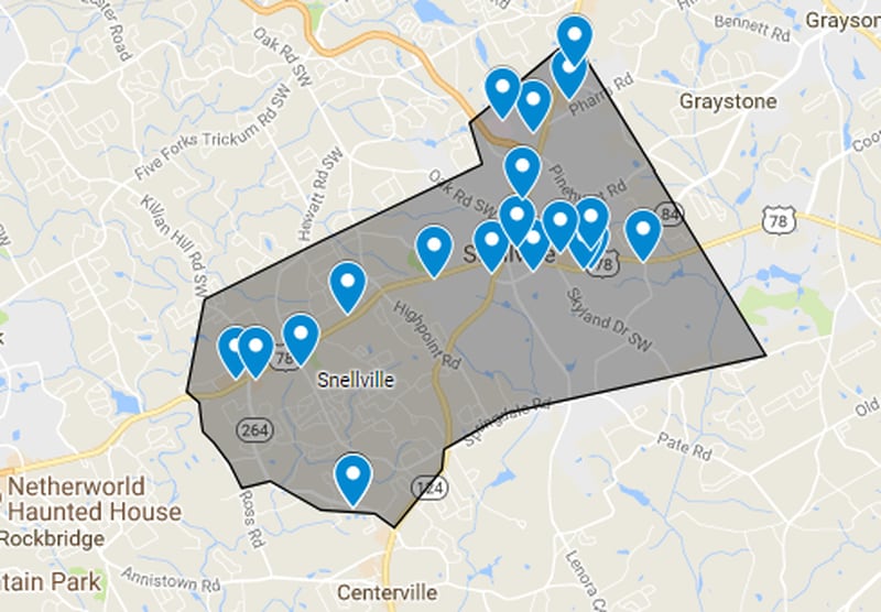A map of the service area for Gwinnett's pilot microtransit program in Snellville.