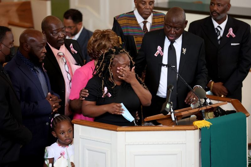 081122 Atlanta, Ga.: Lottie Grier, sister of Brianna Grier, gets emotional as she speaks of her late sister during the celebration of life for Brianna Grier at West Hunter Street Baptist Church, Thursday, August 11, 2022, in Atlanta. Grier is the woman who died after Hancock Police officers left the door open on the back of the police car after arresting her. (Jason Getz / Jason.Getz@ajc.com)