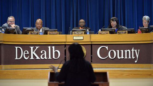August 26, 2014 Decatur - DeKalb County commissioners (from left) Jeff Rader, Stan Watson, Larry Johnson, Sharon Barnes Sutton and Kathie Gannon listen during a public comment session at a meeting at Dekalb County Government Administration Building in Decatur on Tuesday, August 26, 2014. A day after resigning from office, DeKalb County Commissioner Elaine Boyer announced in court Tuesday she pleaded guilty to federal charges accusing her of two schemes to pocket tens of thousands of dollars from taxpayers. HYOSUB SHIN / HSHIN@AJC.COM The DeKalb County Commission: (from left) Jeff Rader, Stan Watson, Larry Johnson, Sharon Barnes Sutton and Kathie Gannon. Newly elected Commissioner Nancy Jester is also a member of the board. (HYOSUB SHIN / HSHIN@AJC.COM)