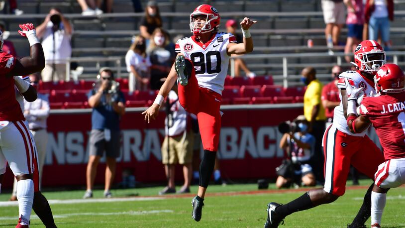 Georgia punter Jake Camarda (90) during the Bulldogs' game with Arkansas in Fayetteville, Ark., on Saturday, Sept. 26, 2020. (Photo by Kevin Snyder)