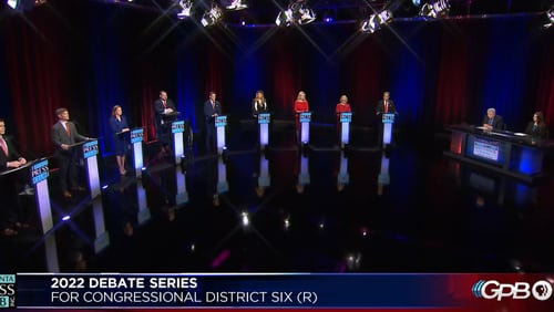 Screenshot taken during the Atlanta Press Club debate on May 1, 2022, featuring all  nine Republicans competing in Georgia's 6th Congressional District.