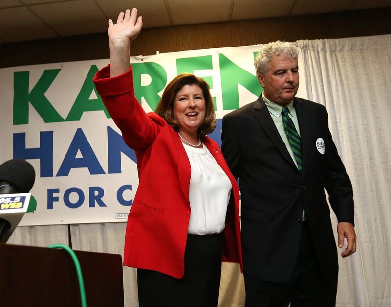 April 18, 2017, Roswell: Republican candidate Karen Handel thanks her supporters and her husband Steve Handel at the conclusion of her election night viewing party in the special election for Georgia's 6th Congressional district at the DoubleTree Hotel on Tuesday, April 18, 2017, in Roswell.  Curtis Compton/ccompton@ajc.com