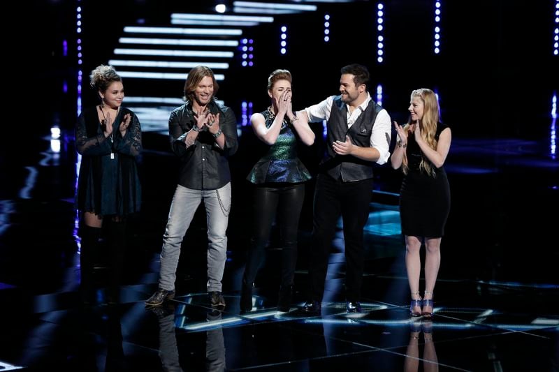 THE VOICE -- "Live Show" Episode 713C -- Pictured: (l-r) Taylor Brashears, Craig Wayne Boyd, Reagan James, James David Carter, Jessie Pitts -- (Photo by: Tyler Golden/NBC) THE VOICE -- "Live Show" Episode 713C -- Pictured: (l-r) Taylor Brashears, Craig Wayne Boyd, Reagan James, James David Carter, Jessie Pitts -- (Photo by: Tyler Golden/NBC)