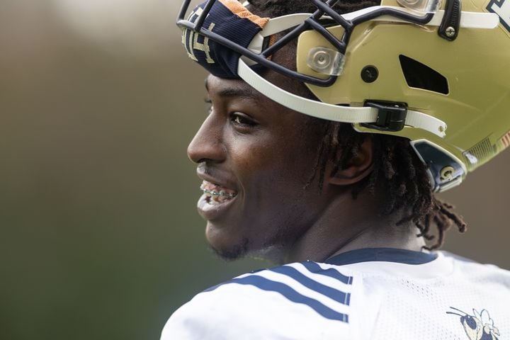 Charlie Thomas (25) laughs on the sidelines during the first day of spring practice for Georgia Tech football at Alexander Rose Bowl Field in Atlanta, GA., on Thursday, February 24, 2022. (Photo Jenn Finch)