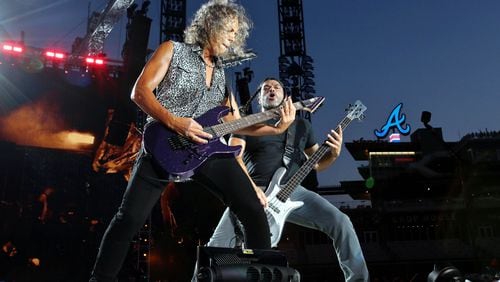 Metallica's Kirk Hammett and Rob Trujillo unleash the rock at Metallica's SunTrust Park concert on Sunday. Photo: Robb Cohen Photography & Video /RobbsPhotos.com
