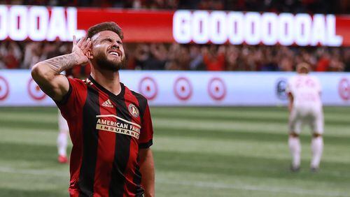 Atlanta United midfielder Hector Villalba reacts wanting more noise from the fans after scoring a goal for a 3-0 victory over the New York Red Bulls Sunday, Nov. 25, 2018, in Atlanta.