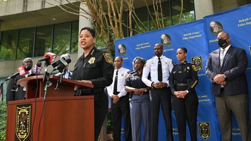 April 21, 2022 Tucker - DeKalb County Police Chief Mirtha Ramos speaks to members of the press during a news conference outside DeKalb County Police Headquarters in Tucker on Thursday, April 21, 2022. A 13-year-old boy was arrested Thursday morning in connection with the shooting outside a skating rink earlier this month that left 11-year-old D’Mari Johnson severely injured. DeKalb County police announced the arrest at a news conference. No motive was released. (Hyosub Shin / Hyosub.Shin@ajc.com)