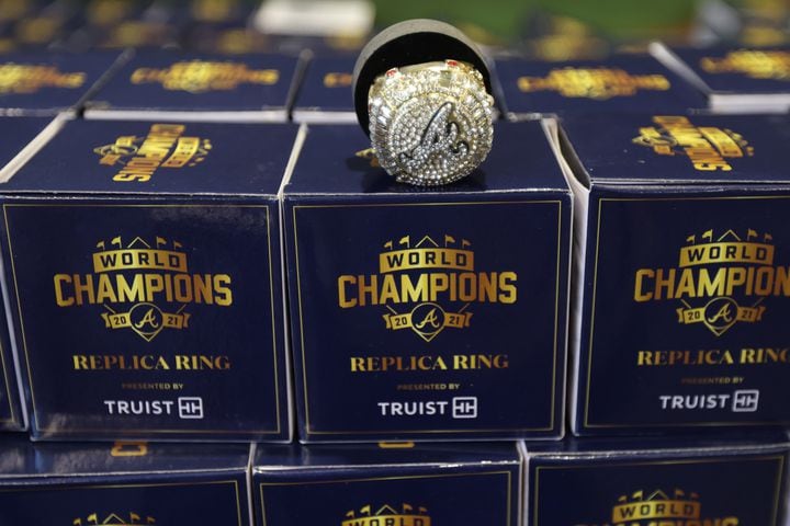 The Braves planned to give away more than 40,000 replica World Series rings to fans Monday night at Truist Park during the first game of the series between the Braves and the Nationals. (Miguel Martinez/miguel.martinezjimenez@ajc.com)