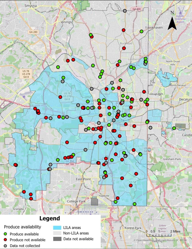 Produce availability among stores in the city of Atlanta by LILA (low income, low access) vs. non-LILA areas. The gray dots in the maps represent stores that Emory was not able to collect data from, including stores that were permanently closed, not open, pharmacies without food, or refused to participate.