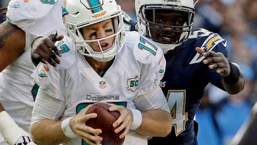 Miami Dolphins quarterback Ryan Tannehill (17) is sacked by San Diego Chargers outside linebacker Melvin Ingram, right, during the second half in an NFL football game Sunday, Dec. 20, 2015, in San Diego. (AP Photo/Gregory Bull)