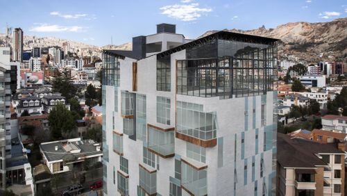 An undated handout photo of Atix Hotel, an eight-story hotel with 53 guest rooms, a seventh-floor spa, rooftop infinity pool and cocktail bar, in La Paz, Bolivia. As South America’s popularity as a tourist destination continues to rise, a number of luxury hotels are investing in renovations while new ones are opening across the continent. (Alexandra Melean via The New York Times)