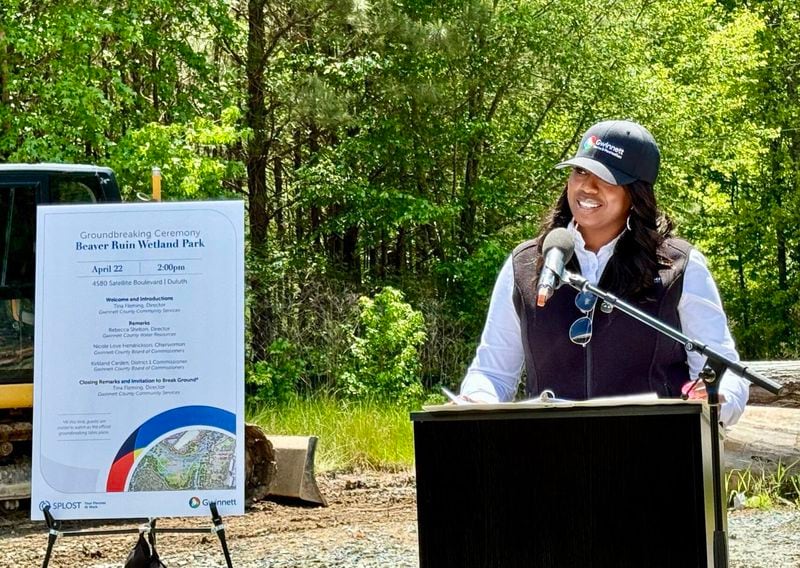 Gwinnett County Commission Chairwoman Nicole Love Hendrickson addresses attendees at the groundbreaking ceremony for Beaver Ruin Wetlands Park. (Photo Courtesy of Bruce Johnson)