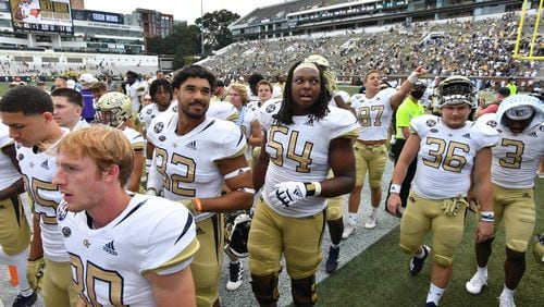 Georgia Tech players celebrate their victory over Kennesaw State during the second half of an NCAA college football game at Georgia Tech's Bobby Dodd Stadium in Atlanta on Saturday, September 4, 2021. Georgia Tech won 45-17 over Kennesaw State. (Hyosub Shin / Hyosub.Shin@ajc.com)