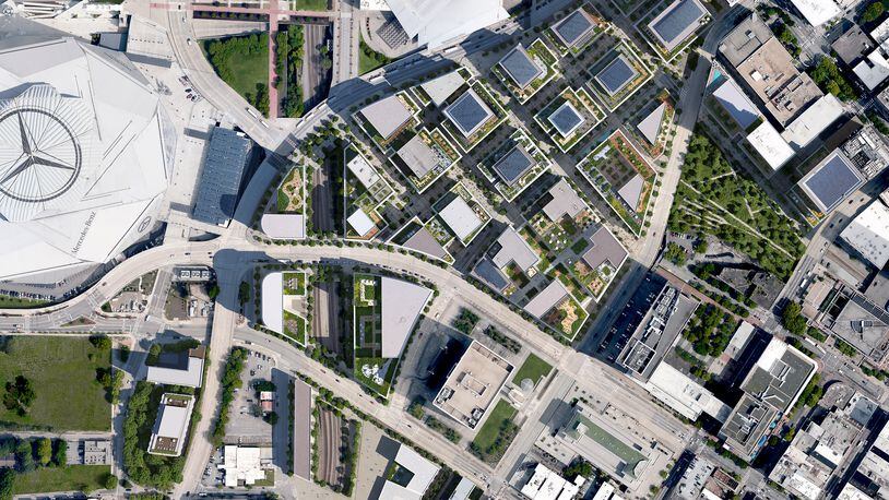 An aerial rendering of the layout of Centennial Yards in downtown Atlanta. (Credit: DBOX for Centennial Yards)