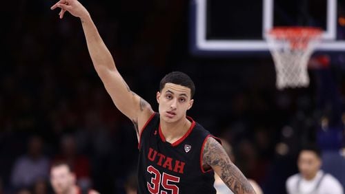 Kyle Kuzma of the Utah Utes reacts to a three point shot against the Arizona Wildcats during the first half of the college basketball game at McKale Center on January 5, 2017 in Tucson, Arizona. (Photo by Christian Petersen/Getty Images)