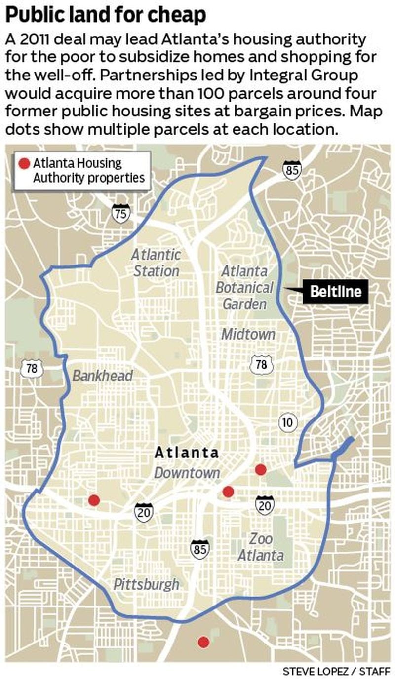 A land deal cut by Atlanta Housing Authority in 2011 gives over control over tens of millions of dollars worth of the agency’s land for the poor to a developer at bargain basement prices. None of it is planned for affordable housing. These are the locations of the properties.