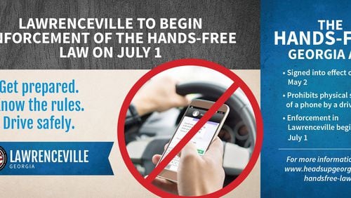 Lawrenceville Police Department warns drivers it will begin enforcement of the new Hands-Free law on July 1. Courtesy City of Lawrenceville