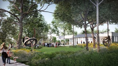 The proposed Alpharetta Arts Center, to open in 2019 in a former Fulton County branch library building, is one of several projects of Arts Alpharetta. The nonprofit has been awarded $75,000 by the city to create “Miscellany: An Open Air Art Gallery” of 10 sculptures on loan. HOUSER WALKER ARCHITECTURE