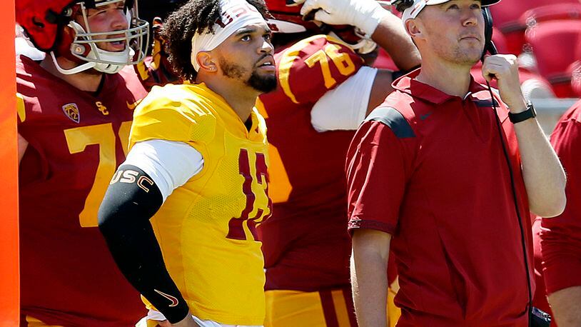 USC quarterback Caleb Williams (13) and head coach Lincoln Riley on the sideline during the Trojans' spring scrimmages at the Los Angeles Memorial Coliseum on April 23, 2022, in Los Angeles. (Gary Coronado/Los Angeles Times/TNS)