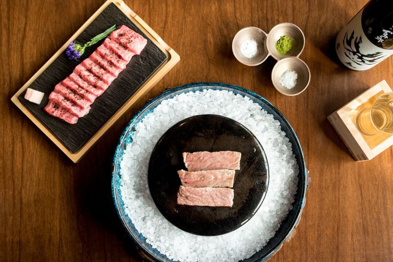 A5 Japanese Wagyu on Stone, served with three types of salt. Photo credit- Mia Yakel.