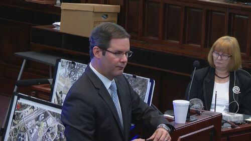 Prosecutor Chuck Boring tells the jury that if they believe that Cooper was visible in the SUV, that Justin Ross Harris must be guilty of all counts, during Harris' murder trial at the Glynn County Courthouse in Brunswick, Ga., on Monday, Nov. 7, 2016. (screen capture via WSB-TV)