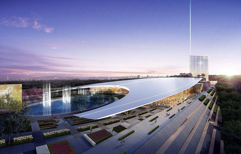 The $1.4 billion MGM National Harbor casino resort, shown in this artist’s rendering, will feature restaurants by celebrity chefs, luxury shops, a 3,000-seat theater and a hotel with 308 rooms and suites. The project is expected to open late this year in Maryland. MGM hopes a change in law will allow it to operate in Georgia, where opposition to casino gambling remains strong.