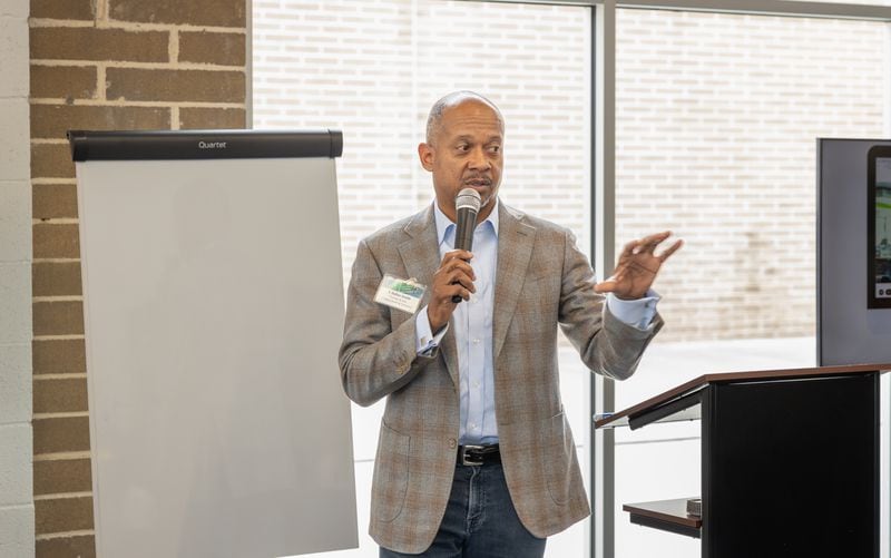 Commercial real estate executive T. Dallas Smith spoke to roughly a dozen brokers before leading them on a bus tour of possible development sites along Old National Highway in South Fulton on Wednesday, Sept. 27, 2023. Image courtesy of The Collaborative Firm.