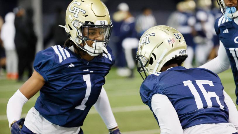Georgia Tech defensive back LaMiles Brooks (1) works on a drill with K.J. Wallace (16) during spring practice March 13, 2023. (Photo by Miguel Martinez/The Atlanta Journal-Constitution).