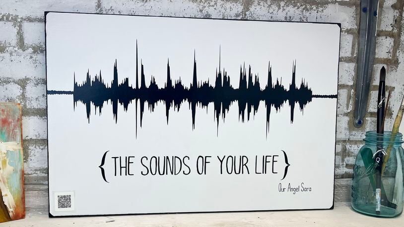 The soundwave image is created from an audio or video file sent to the artist.  The “magic” is the QR code that plays back the original message or sound.
