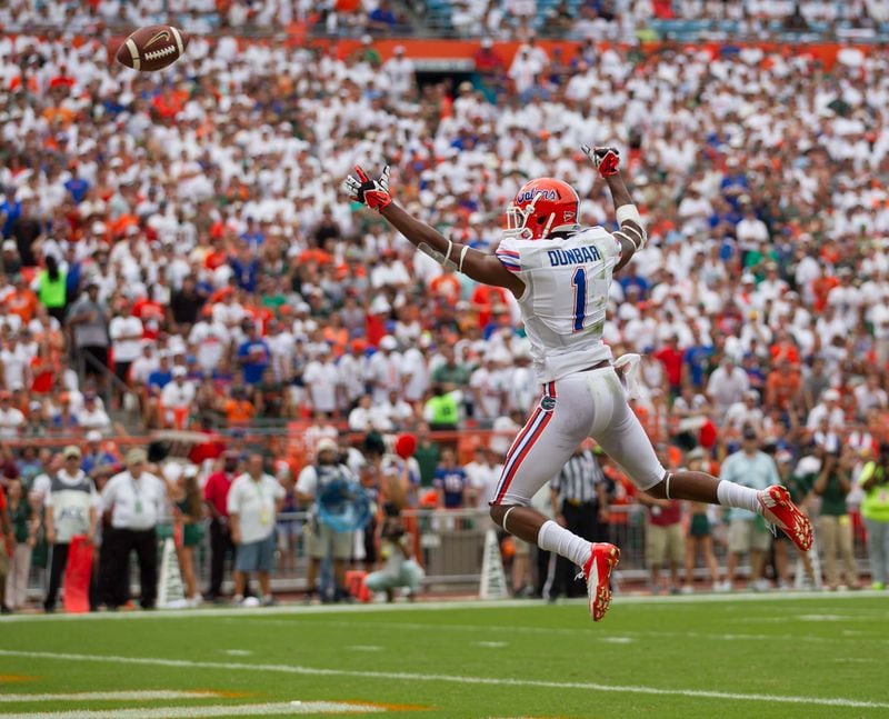 Florida Gators wide receiver Quinton Dunbar (1) is over thrown in the end zone at Sun Life Stadium in Miami Gardens, Florida on September 7, 2013. (Allen Eyestone/The Palm Beach Post)