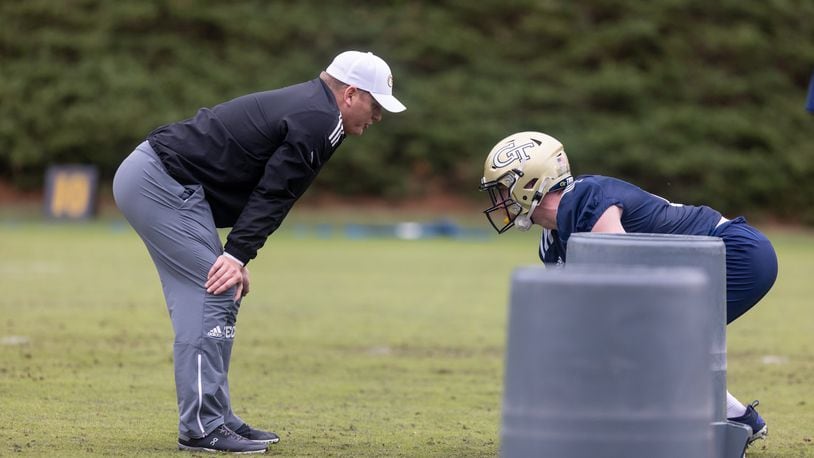 Offensive coordinator Chip Long coaches a player during the first day of spring practice for Georgia Tech football at Alexander Rose Bowl Field in Atlanta, GA., on Thursday, February 24, 2022. (Photo Jenn Finch)