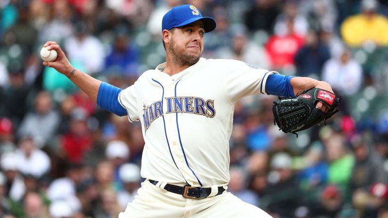 Anthony Swarzak of the Seattle Mariners pitches against the Houston Astros on April 14, 2019 in Seattle, Washington.  (Photo by Abbie Parr/Getty Images)
