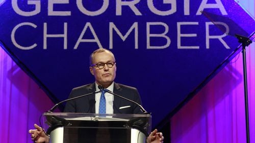 Lt. Gov. Casey Cagle speaks Tuesday during the Georgia Chamber’s annual Eggs & Issues breakfast. Cagle, who helped push through a major “religious liberty” bill last year that Gov. Nathan Deal later vetoed, told reporters earlier Tuesday that there isn’t as much need for such a measure this year because Donald Trump will nominate conservative jurists to the U.S. Supreme Court. “Much of the fears that existed prior to that may have subsided,” he said. BOB ANDRES /BANDRES@AJC.COM